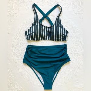 Cupshe Swimsuit, 2-Piece High Waist & Bralette Bikini, Teal/Dark Teal Stripe, L